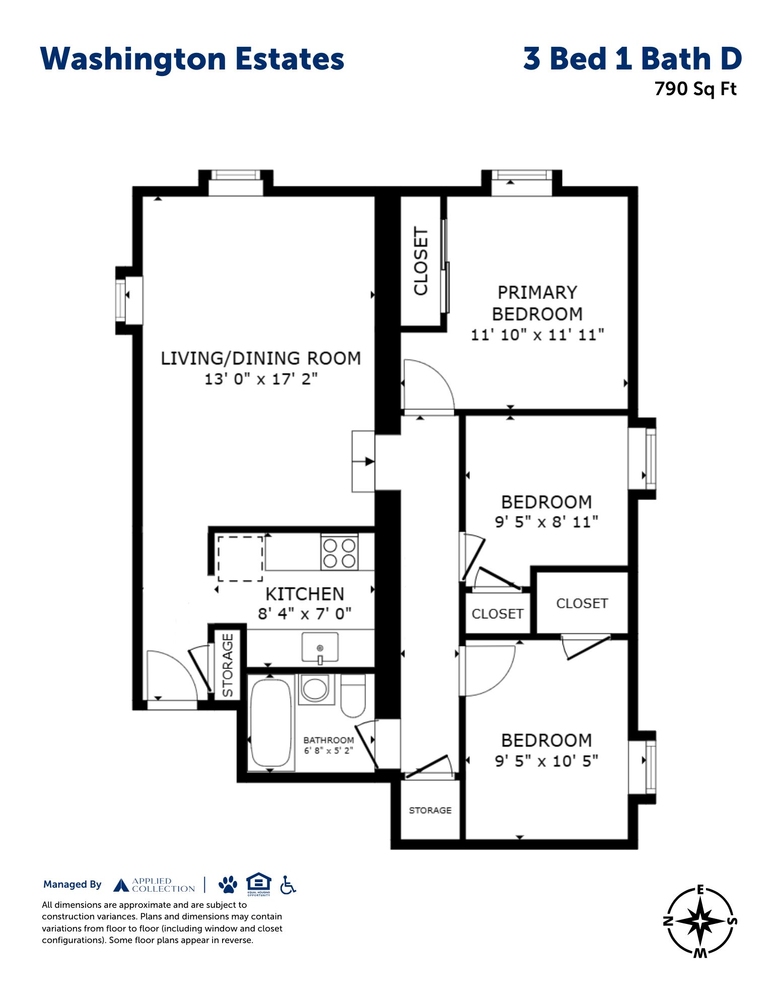 Floor plan for 3 beds, 1 bath, 790 sqft